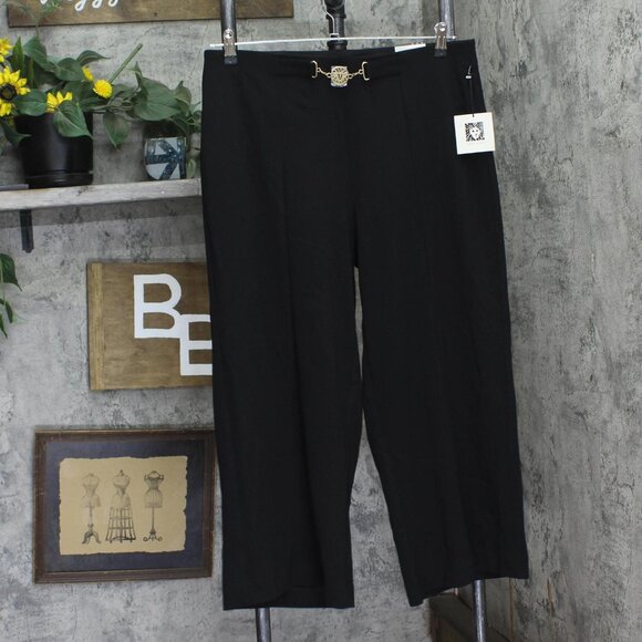 NWT Anne Klein Womens Cropped Lightweight Pull On Embellished Pants Black L - Picture 1 of 7